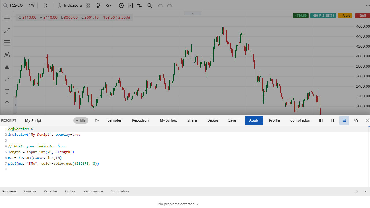 FastChart FCScript editor with interactive chart drawings